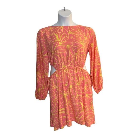 Universal Thread Pink Linen Blend Long Sleeve Cut Out Mini Dress Size L Pockets - Picture 9 of 11